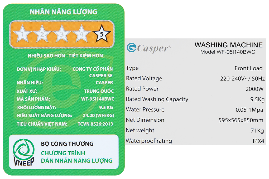 Máy giặt Casper Inverter 9.5 KG WF-95I140BWC Màu Trắng
