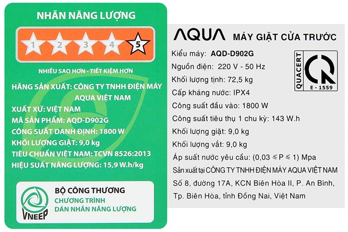 Máy giặt Aqua Inverter 9 kg AQD- D902G BK Màu Đen