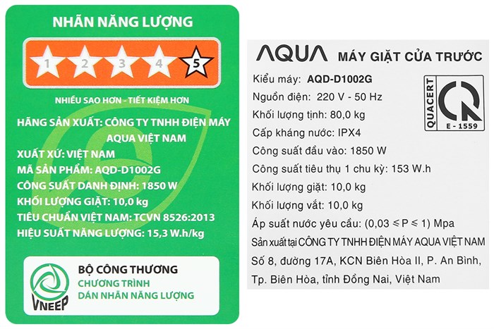 Máy giặt Aqua Inverter 10 kg AQD- D1002G BK Màu Đen