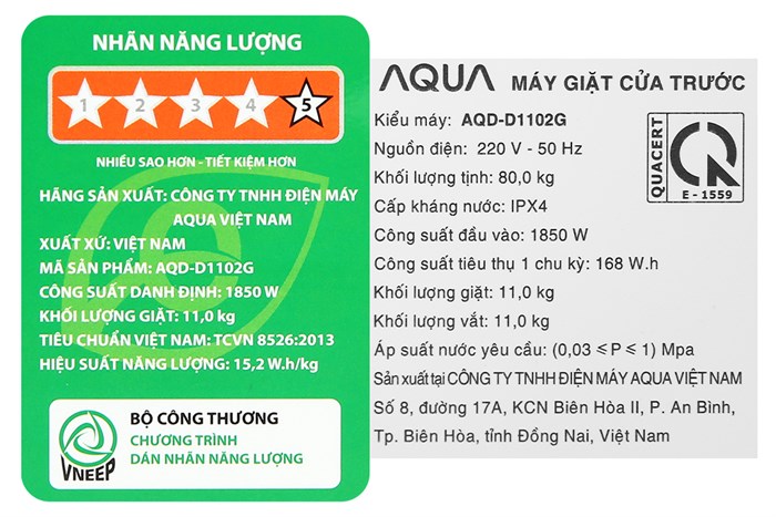 Máy giặt Aqua Inverter 11 kg AQD- D1102G BK Màu Đen