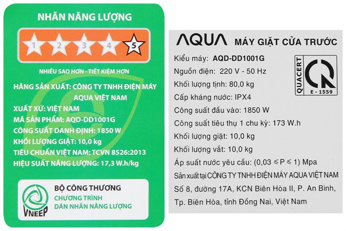 Máy giặt Aqua Inverter 10 kg AQD- DD1001G PS Màu Bạc