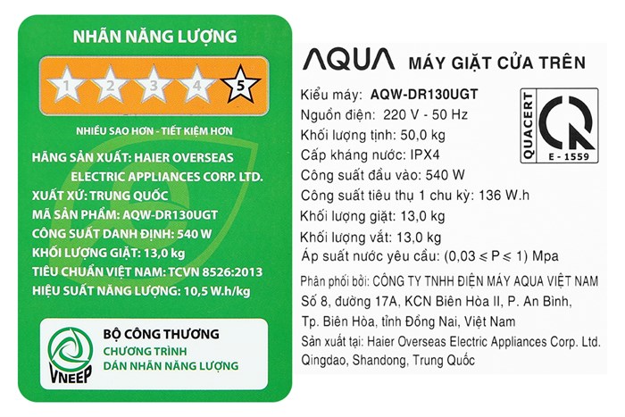 Máy giặt Aqua Inverter 13 kg AQW- DR130UGT PS Màu Bạc