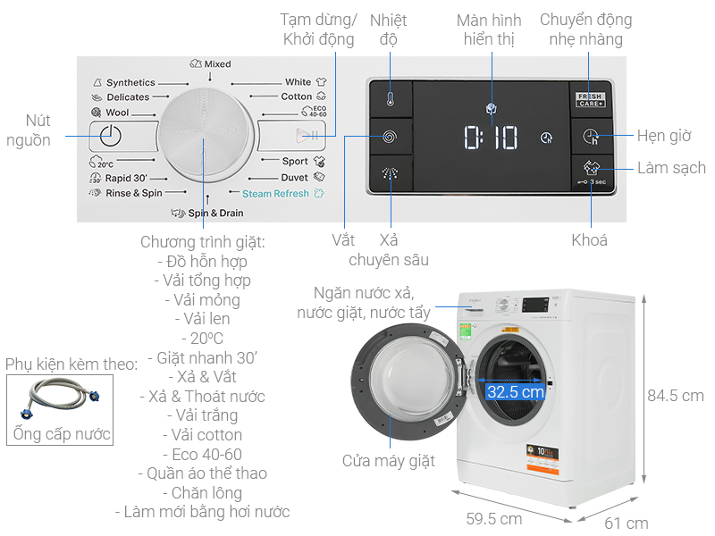 Máy giặt Whirlpool FreshCare Inverter 8 Kg FFB8458WV EU