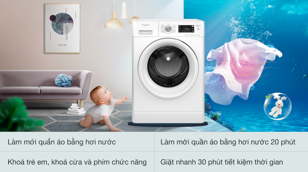 Máy giặt Whirlpool Inverter 8 Kg FFB8458WV EU - Tiện ích