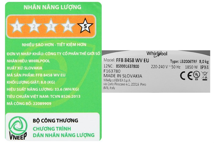 Máy giặt Whirlpool FreshCare Inverter 8 Kg FFB8458WV EU Màu Trắng