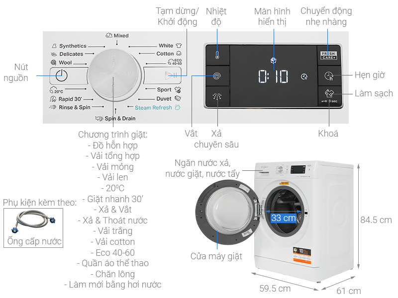 Máy giặt Whirlpool Inverter 9 Kg FFB9458WV EE