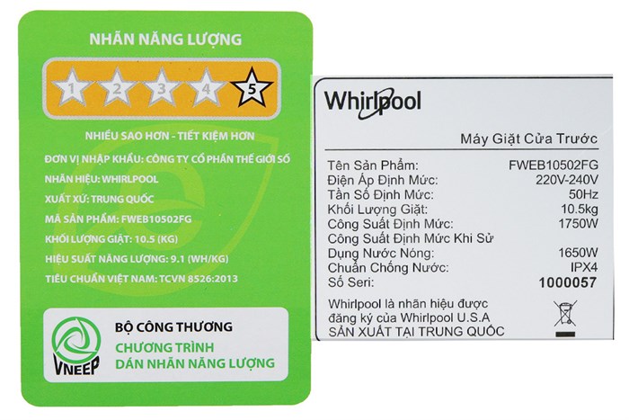 Máy giặt Whirlpool FreshCare Inverter 10.5 kg FWEB10502FG Màu Xám