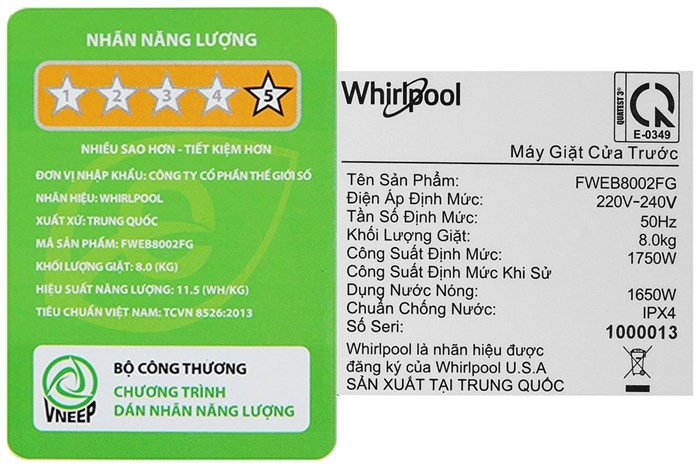 Máy giặt Whirlpool FreshCare Inverter 8 kg FWEB8002FG Màu Xám