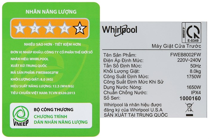 Máy giặt Whirlpool FreshCare Inverter 8 kg FWEB8002FW Màu Trắng