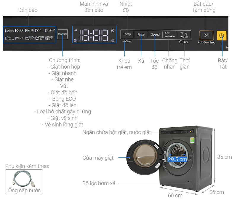 Máy giặt Whirlpool FreshCare Inverter 9 kg FWEB9002FG