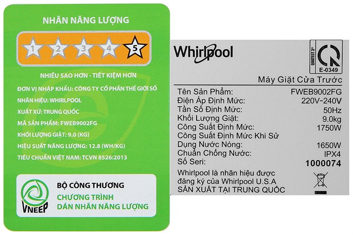 Máy giặt Whirlpool FreshCare Inverter 9 kg FWEB9002FG Màu Xám