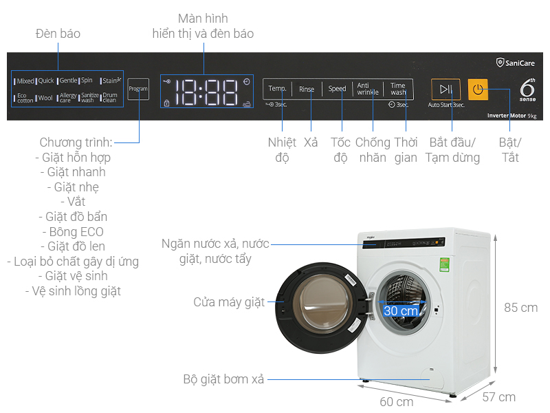 Máy giặt Whirlpool FreshCare Inverter 9 kg FWEB9002FW