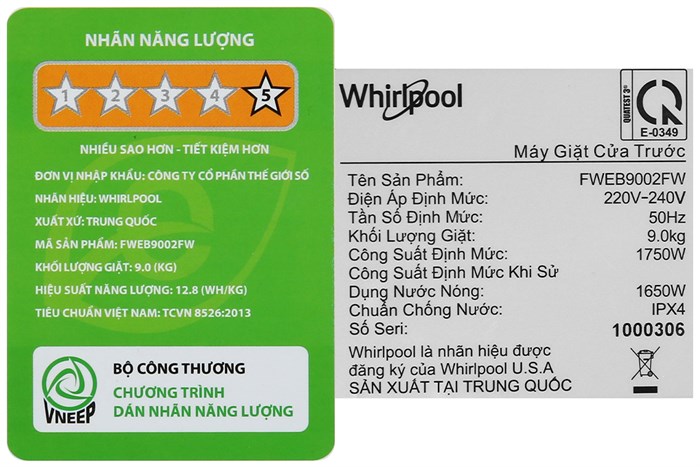 Máy giặt Whirlpool FreshCare Inverter 9 kg FWEB9002FW Màu Trắng