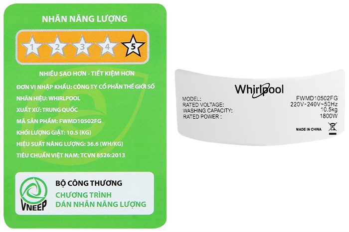 Máy giặt Whirlpool OxyCare Inverter 10.5 kg FWMD10502FG Màu Xám