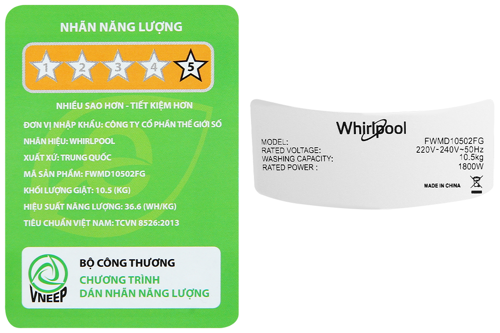 Máy giặt Whirlpool OxyCare Inverter 10.5 kg FWMD10502FG Màu Xám