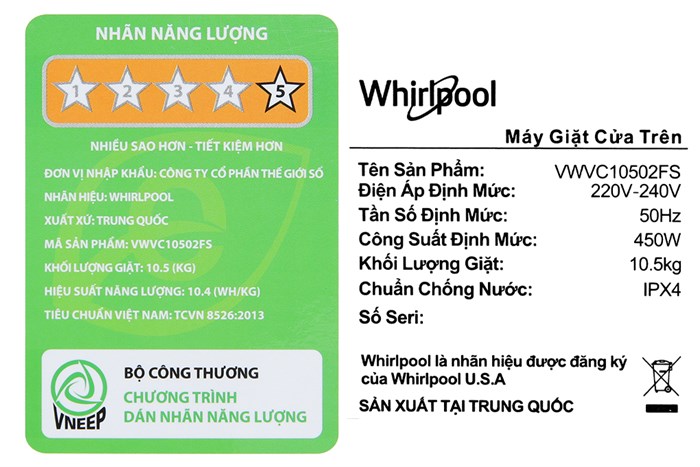 Máy giặt Whirlpool StainClean 10.5 kg VWVC10502FS Màu Bạc