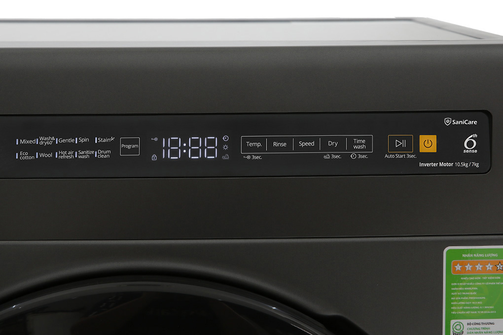 Máy giặt sấy Whirlpool SaniCare Inverter giặt 10.5 kg - sấy 7 kg WWEB10702FG Màu Xám