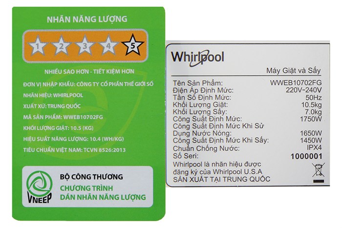 Máy giặt sấy Whirlpool SaniCare Inverter giặt 10.5 kg - sấy 7 kg WWEB10702FG Màu Xám