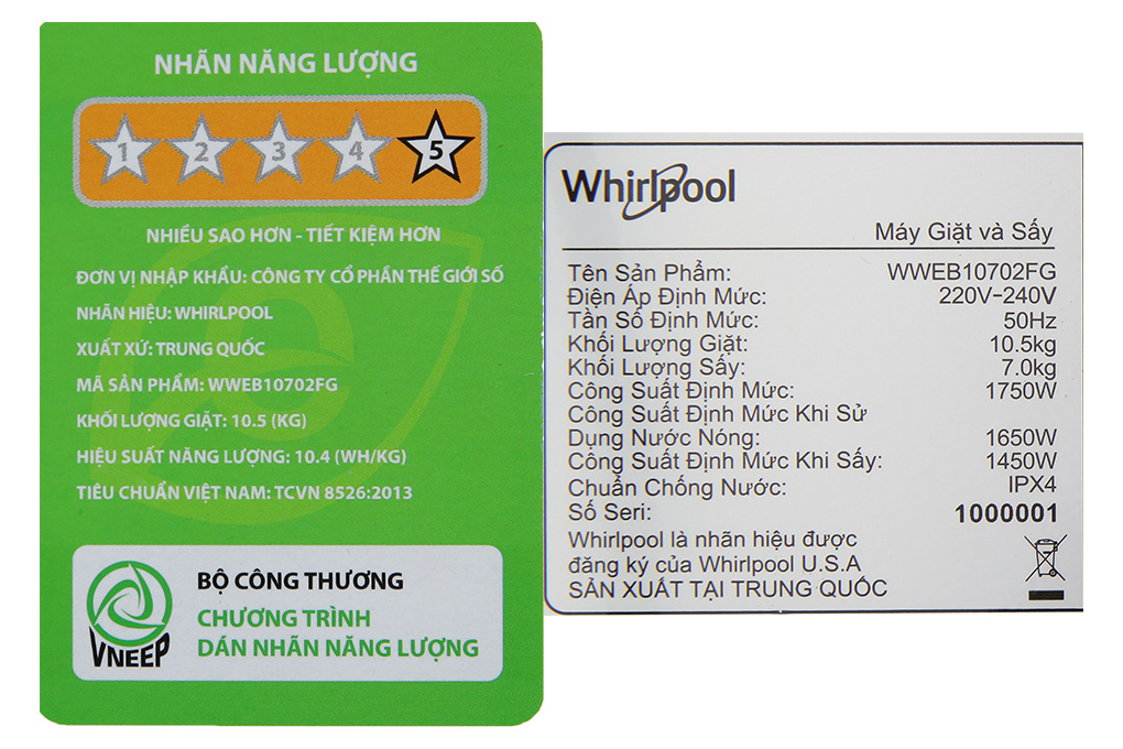 Máy giặt sấy Whirlpool SaniCare Inverter giặt 10.5 kg - sấy 7 kg WWEB10702FG Màu Xám