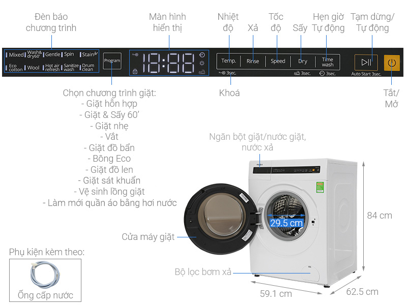 Máy giặt sấy Whirlpool SaniCare Inverter giặt 10.5 kg - sấy 7 kg WWEB10702FW