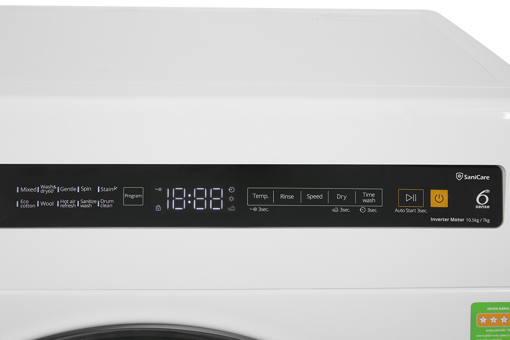 Máy giặt sấy Whirlpool SaniCare Inverter giặt 10.5 kg - sấy 7 kg WWEB10702FW Màu Trắng