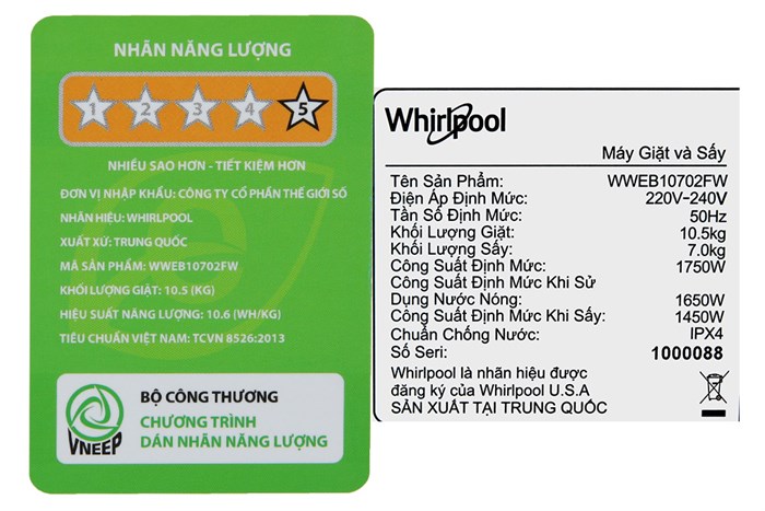 Máy giặt sấy Whirlpool SaniCare Inverter giặt 10.5 kg - sấy 7 kg WWEB10702FW Màu Trắng