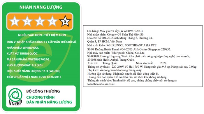 Máy giặt sấy Whirlpool SaniCare Inverter giặt 9.5 kg - sấy 7 kg WWEB95702FG Màu Xám