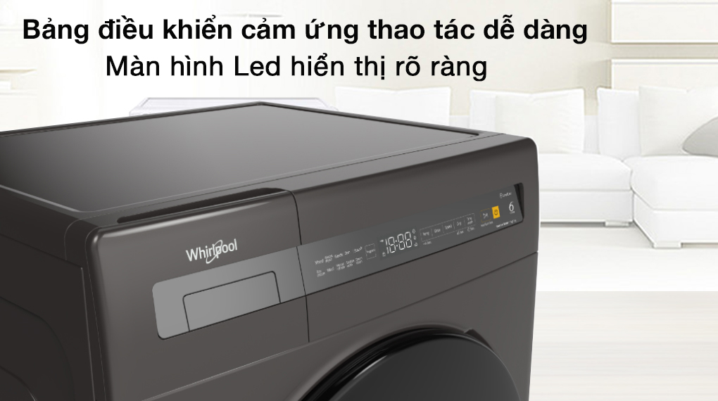 Bảng điều khiển cảm ứng, đèn Led hiển thị rõ ràng - Máy giặt sấy Whirlpool WWEB95702FG
