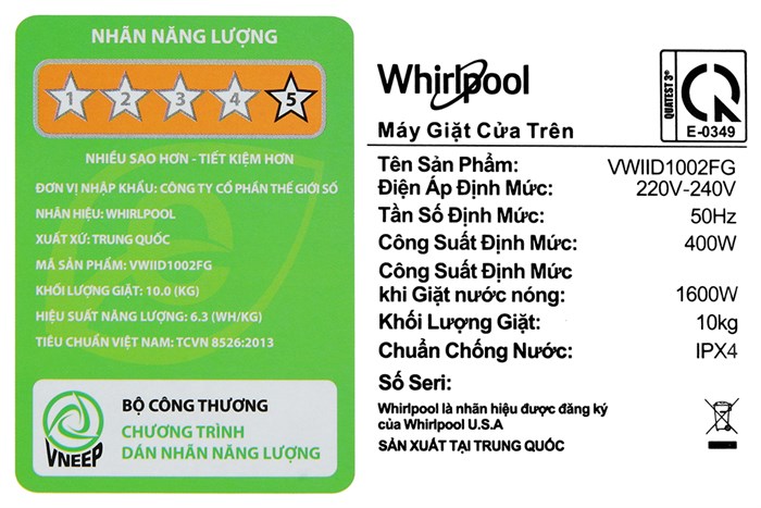 Máy giặt Whirlpool Inverter 10 kg VWIID1002FG Màu Xám