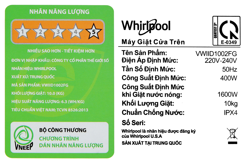 Máy giặt Whirlpool Inverter 10 kg VWIID1002FG Màu Xám