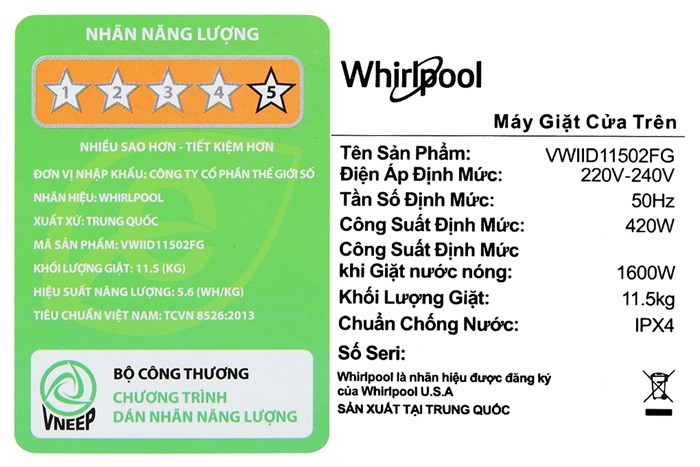 Máy giặt Whirlpool Inverter 11.5 kg VWIID11502FG Màu Xám