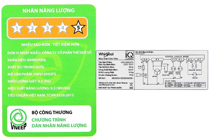 Máy giặt Whirlpool 8.5 kg VWVC8502FS Màu Bạc