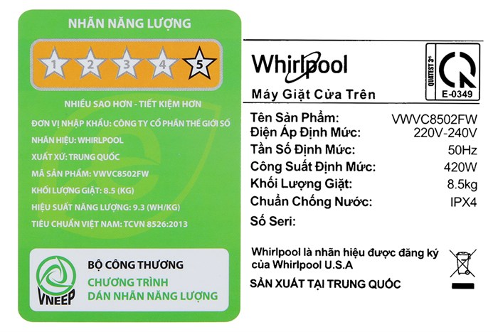 Máy giặt Whirlpool 8.5 kg VWVC8502FW Màu Trắng