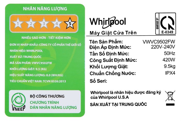 Máy giặt Whirlpool 9.5 kg VWVC9502FW Màu Trắng