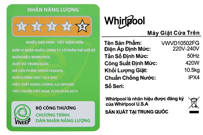 Máy giặt Whirlpool Inverter 10.5 kg VWVD10502FG Màu Xám