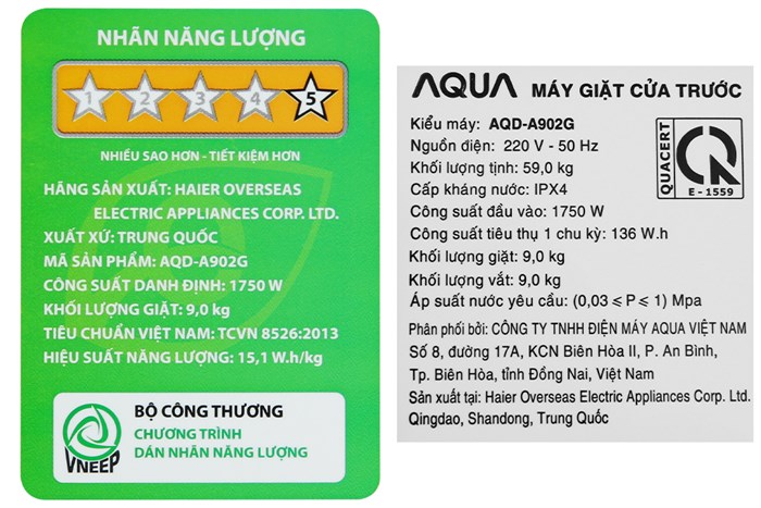 Máy giặt Aqua Inverter 9 kg AQD-A902G S Màu Bạc