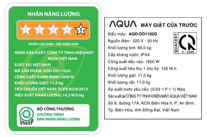 Máy giặt Aqua Inverter 11 kg AQD - DD1102G.BK Màu Đen