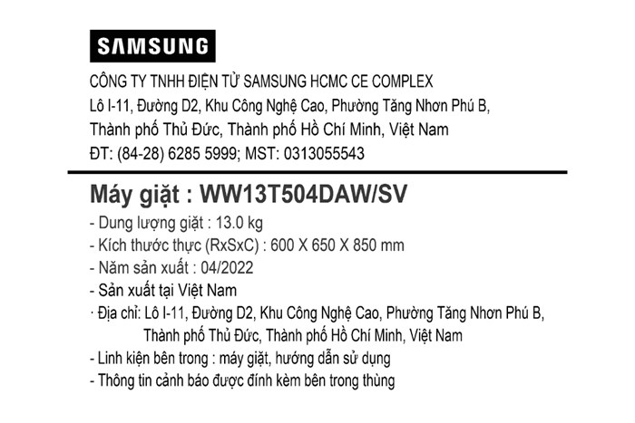 Máy giặt Samsung Inverter 13 kg WW13T504DAW/SV Màu Trắng