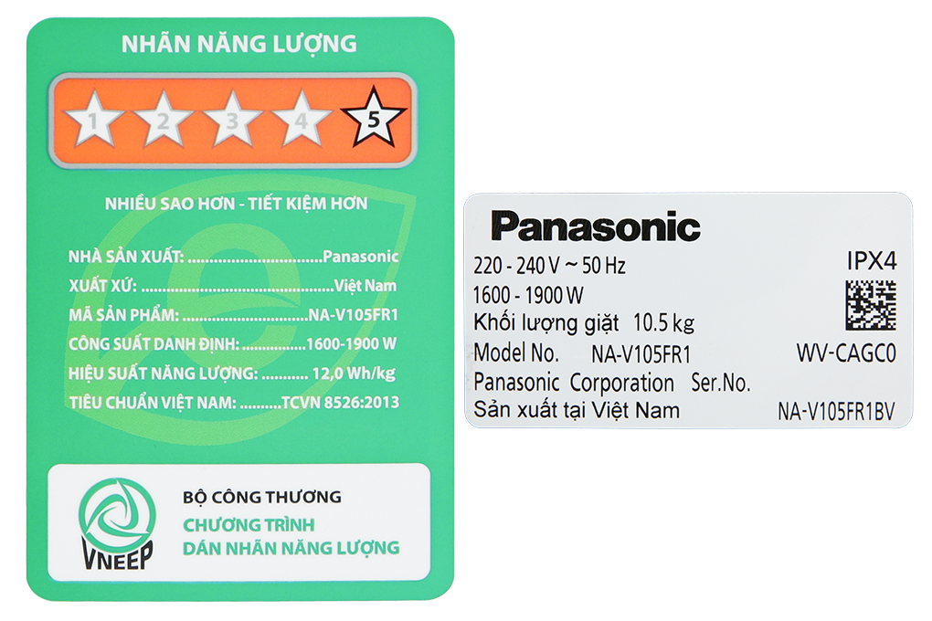 Máy giặt Panasonic Inverter giặt 10.5 kg - sấy tiện ích 2 kg NA-V105FR1BV Màu Đen