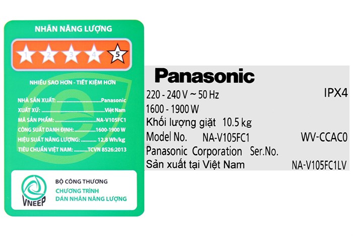 Máy giặt Panasonic Inverter giặt 10.5 kg - sấy tiện ích 2 kg NA-V105FC1LV Màu Xám