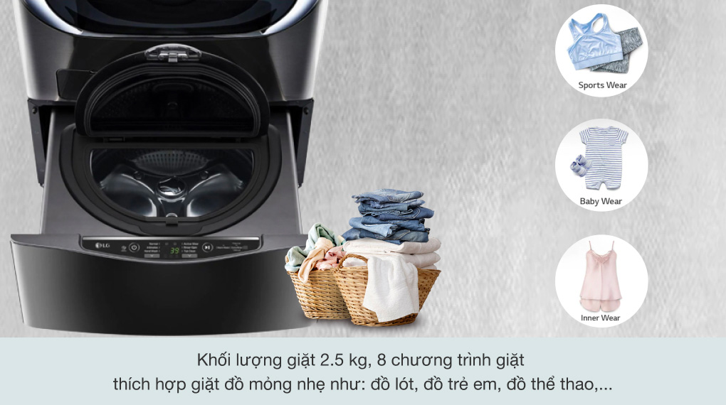Khối lượng, chương trình giặt - Máy giặt LG Mini Wash 2.5 kg TV2402NTWB