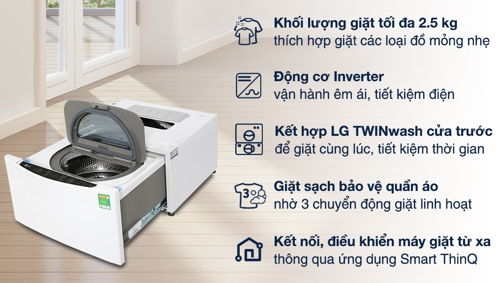 Máy giặt LG Mini Wash 2.5 kg TV2402NTWW trang bị công nghệ Inverter giúp tiết kiệm năng lượng điện tối ưu