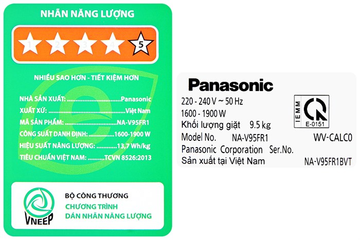 Máy giặt Panasonic Inverter giặt 9.5 kg - sấy tiện ích 2 kg NA-V95FR1BVT Màu Đen