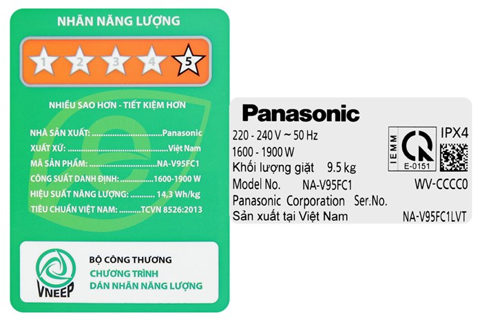 Máy giặt Panasonic Inverter giặt 9.5 kg - sấy tiện ích 2 kg NA-V95FC1LVT Màu Xám