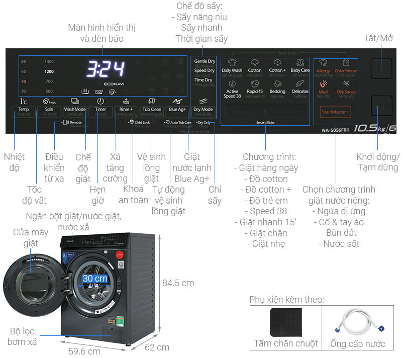 Máy giặt sấy Panasonic Inverter giặt 10.5 kg - sấy 6 kg NA-S056FR1BV