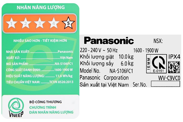 Máy giặt sấy Panasonic Inverter giặt 10 kg - sấy 6 kg NA-S106FC1LV Màu Xám