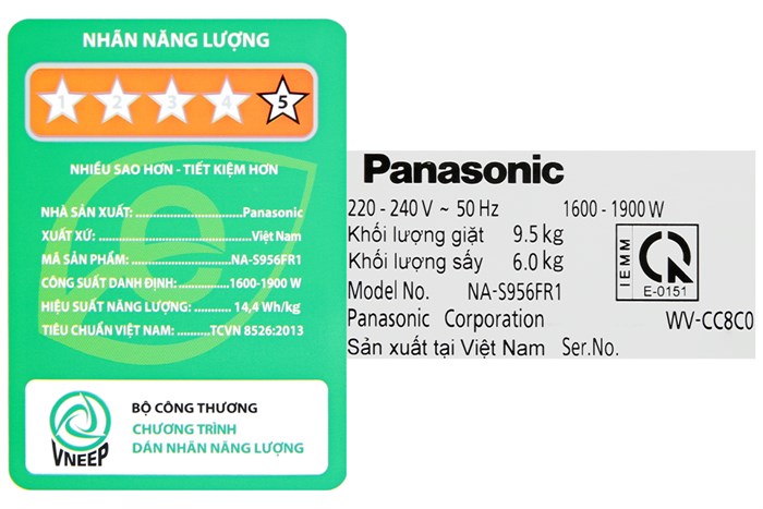 Máy giặt sấy Panasonic Inverter giặt 9.5 kg - sấy 6 kg NA-S956FR1BV Màu Đen