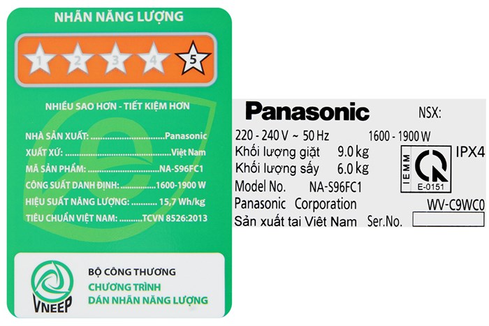 Máy giặt sấy Panasonic Inverter giặt 9 kg - sấy 6 kg NA-S96FC1LVT Màu Xám