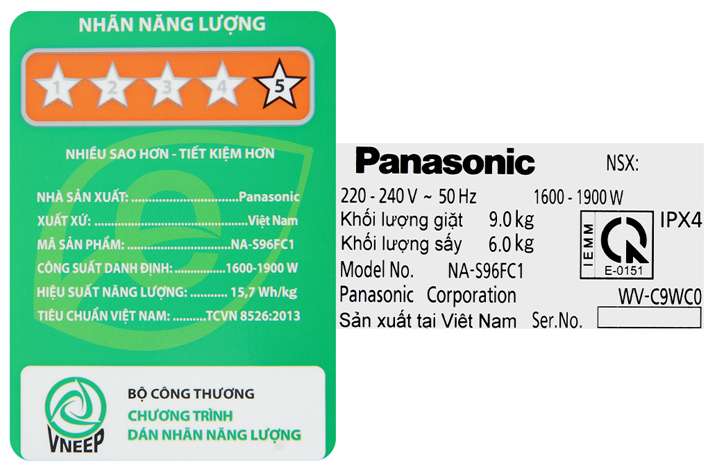 Máy giặt sấy Panasonic Inverter giặt 9 kg - sấy 6 kg NA-S96FC1LVT Màu Xám