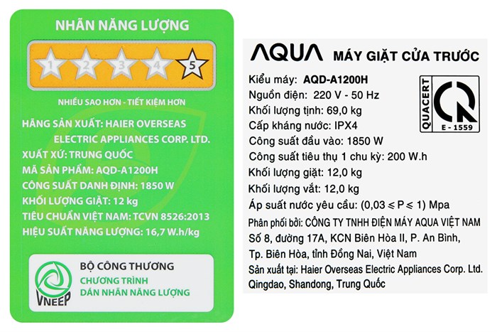 Máy giặt Aqua Inverter 12 kg AQD-A1200H PS Màu Bạc